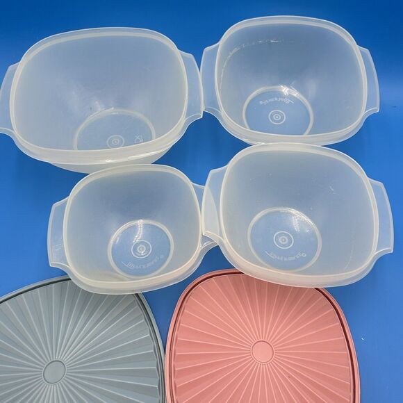 Vintage Tupperware Servalier Bowls Set 4 Sunburst Lid Seal Pink Aqua Almond Blue - Picture 6 of 16